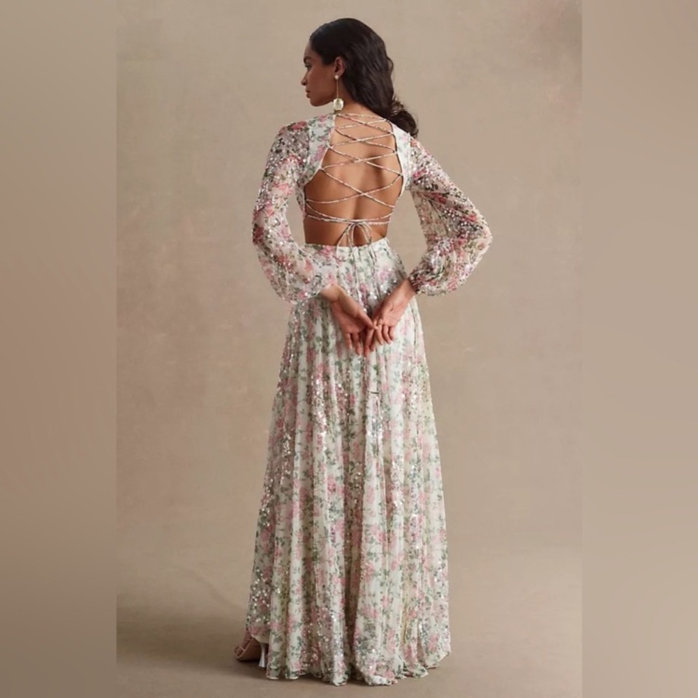 Mac Duggal Sequined Floral Print Cutout Lace-Up Gown Anthropologie - Picture 14 of 14